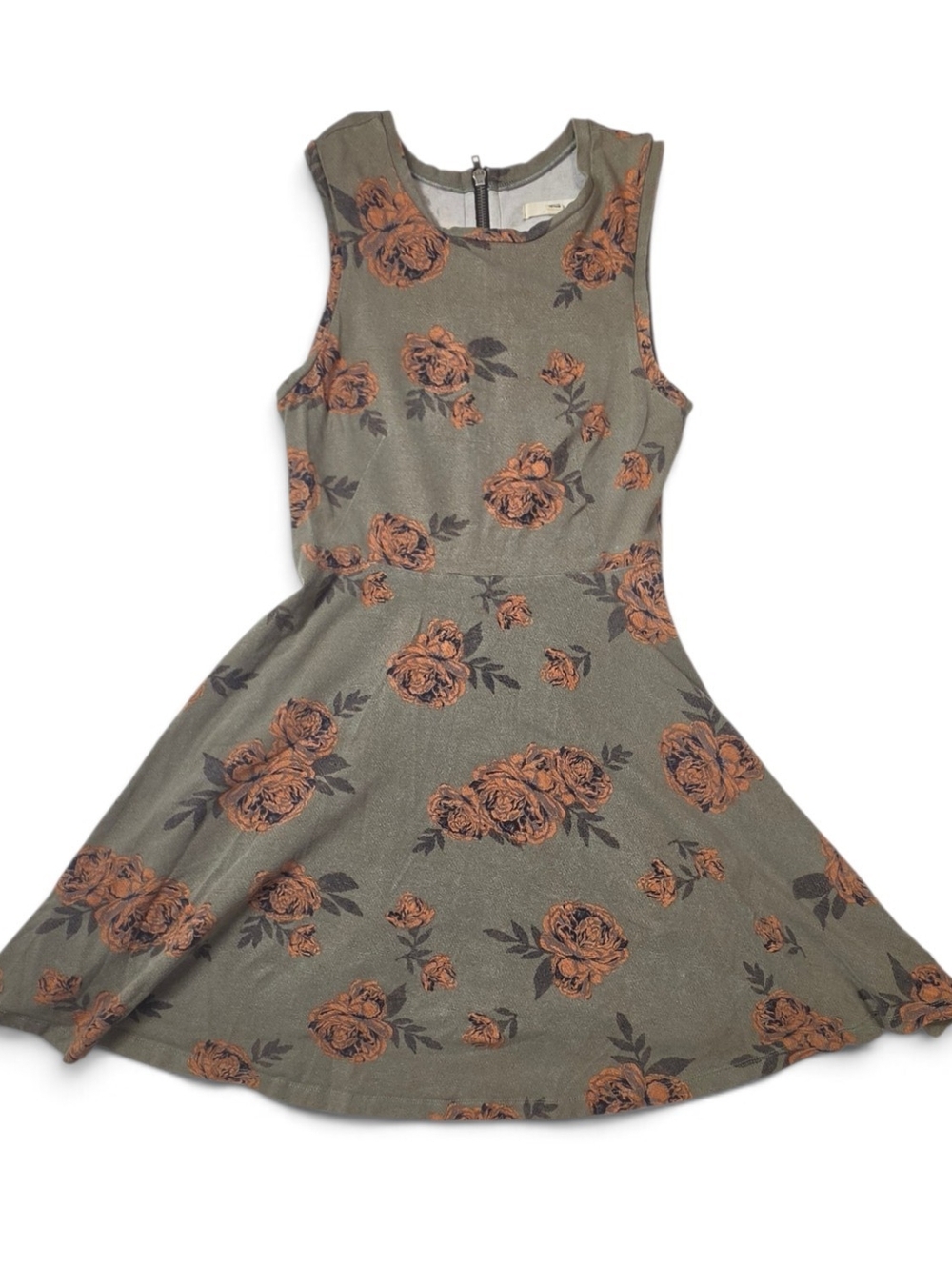 Vans Olive Green Orange Rose Floral Fit & Flare Skater Dress Small Grunge S